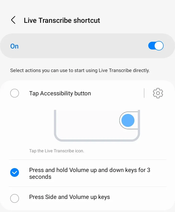 Các tùy chọn cài đặt phím tắt để kích hoạt nhanh tính năng Live Transcribe trên điện thoại Samsung.