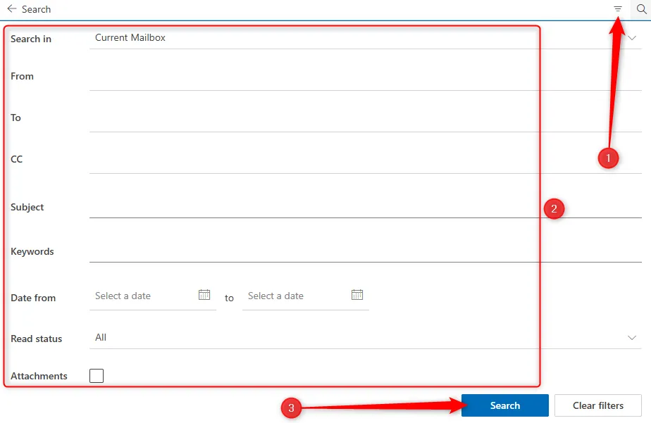 Các tùy chọn lọc tìm kiếm nâng cao trong Outlook mới, bao gồm bộ lọc người gửi, ngày tháng và thư mục.