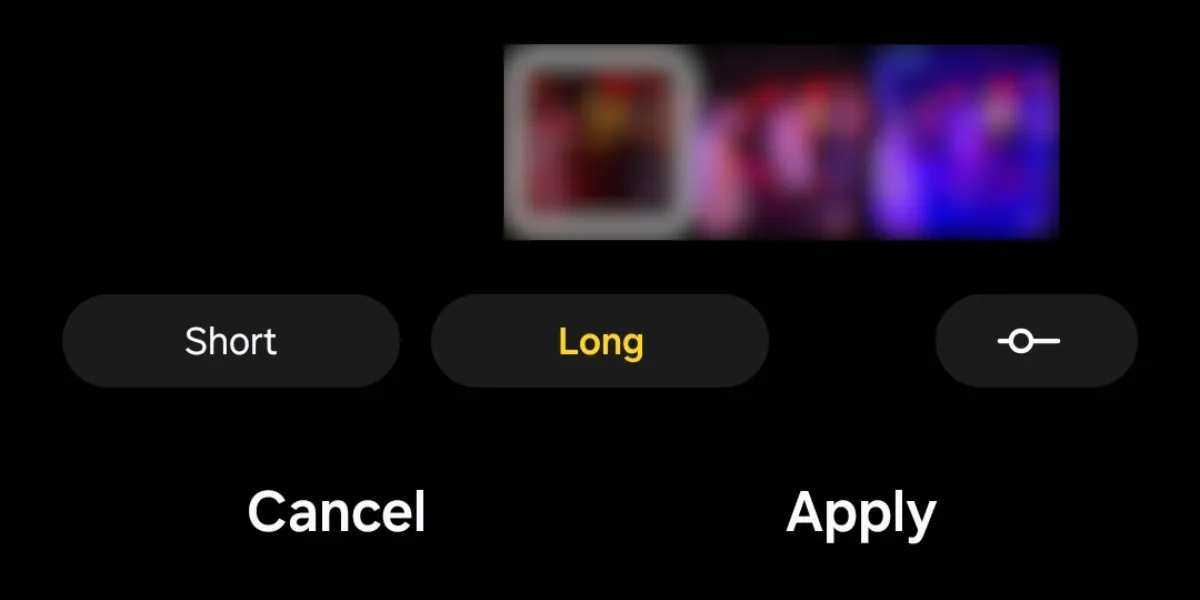 Các tùy chọn thời lượng video (Ngắn, Dài, và Tùy chỉnh) trong studio ảnh của Galaxy S25, cung cấp sự linh hoạt khi tạo video nổi bật.