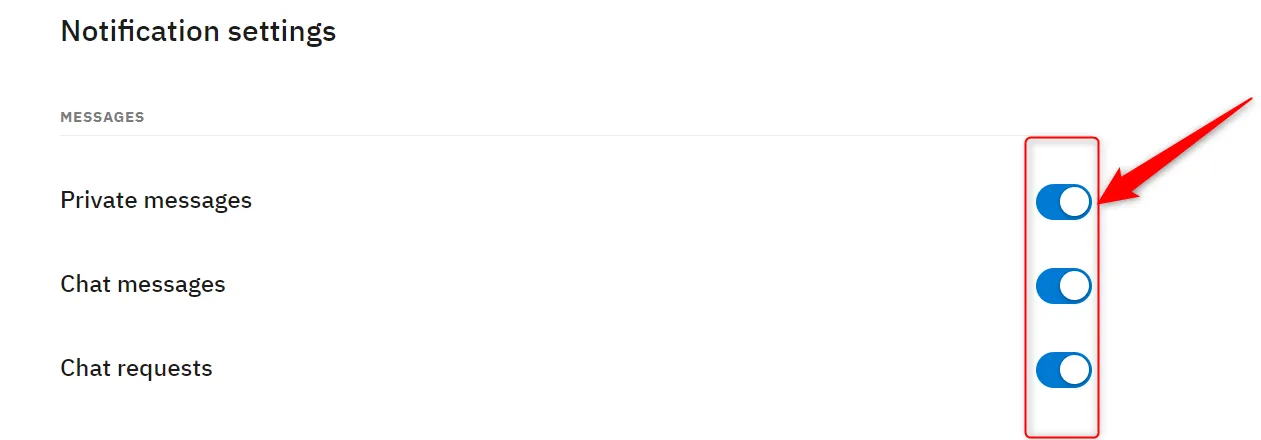 Các tùy chọn thông báo chi tiết trên Reddit, cho phép người dùng bật/tắt từng loại.