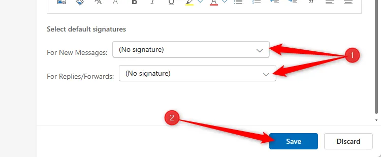 Các tùy chọn trong Outlook mới để tự động thêm chữ ký email vào tin nhắn mới, hoặc cả email trả lời và chuyển tiếp.