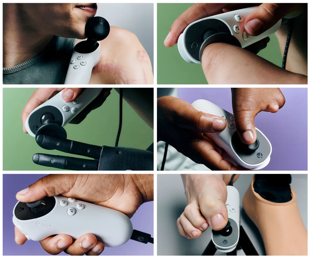 Các ví dụ về cách sử dụng cần điều khiển Xbox Adaptive Joystick, minh họa tính linh hoạt trong chơi game.