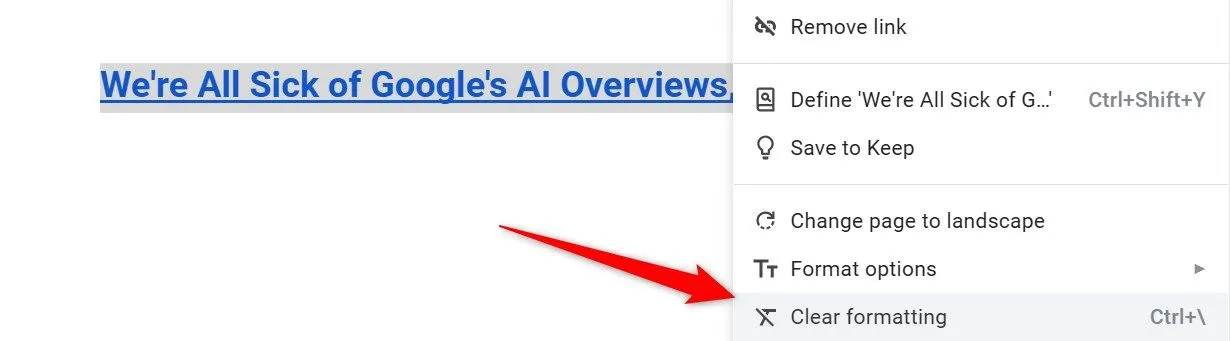 Cách xóa định dạng văn bản đã chọn trong Google Docs thông qua menu &quot;Định dạng&quot;, giúp chuẩn hóa nội dung.
