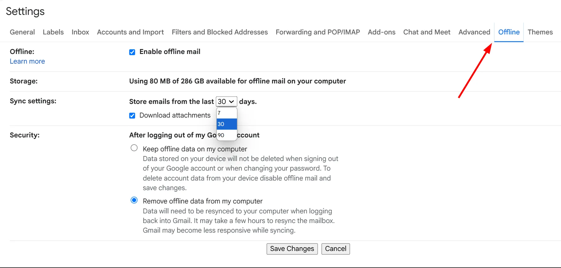 Cài đặt chế độ ngoại tuyến của Gmail, cho phép người dùng bật &quot;Enable offline mail&quot; và tùy chỉnh số ngày đồng bộ hóa email để sử dụng khi không có mạng.
