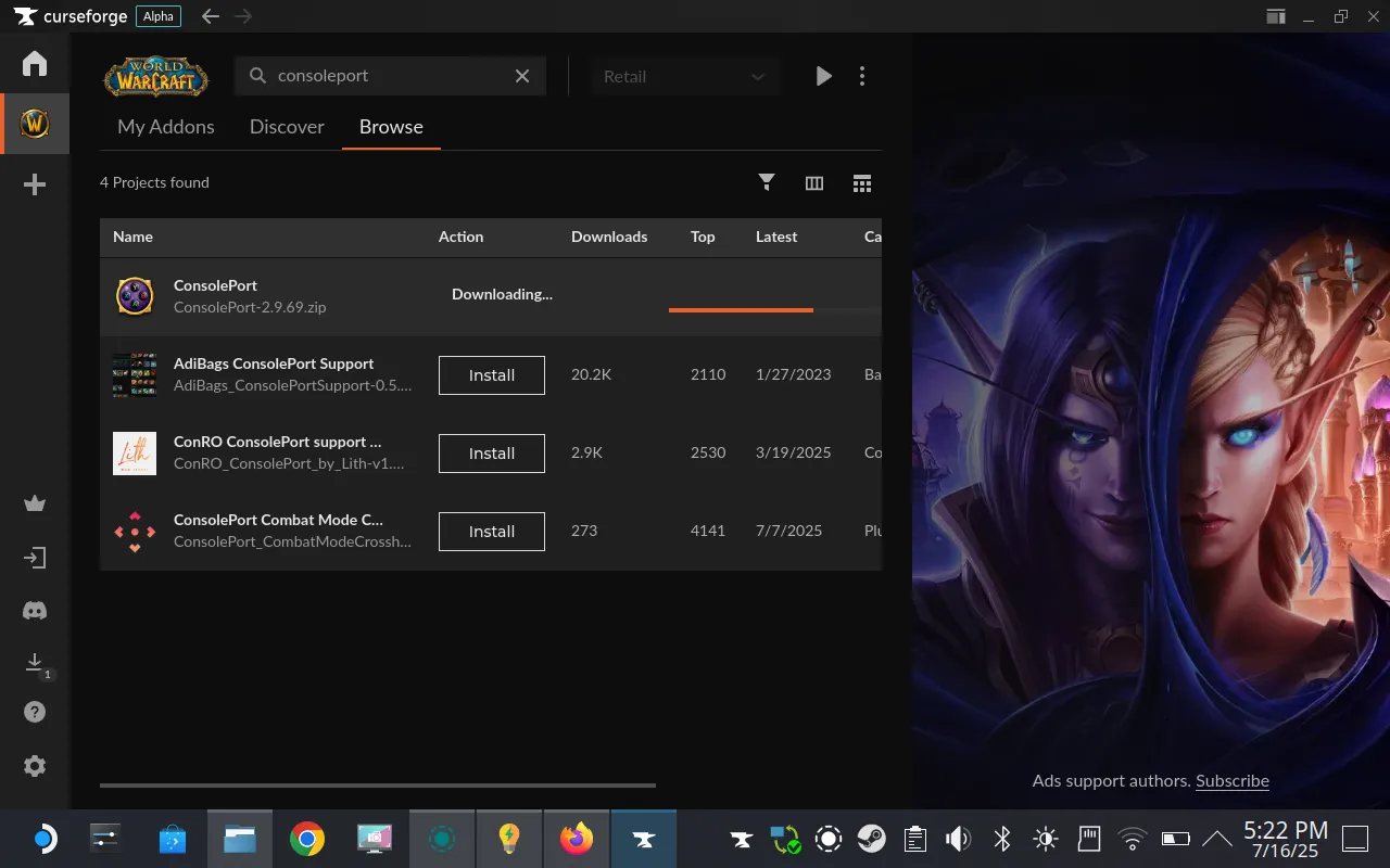 Cài đặt ConsolePort thông qua CurseForge, một add-on thiết yếu để tối ưu hóa trải nghiệm chơi World of Warcraft bằng tay cầm trên Steam Deck