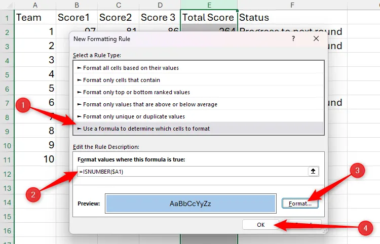 Cài đặt quy tắc định dạng có điều kiện mới trong Excel với công thức và màu nền xanh được chọn.