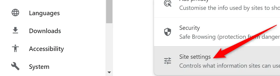 Cài đặt quyền riêng tư và bảo mật trong Chrome, hiển thị tùy chọn &quot;Site Settings&quot; (Cài đặt trang web).