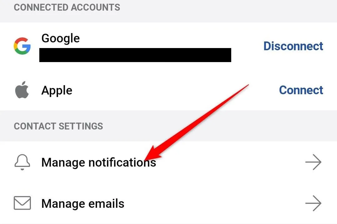 Cài đặt tài khoản Reddit trên di động, với tùy chọn &quot;Manage Notifications&quot; (Quản lý thông báo).