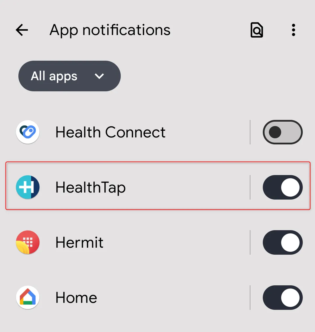 Cài đặt thông báo Android chỉ hiển thị điều khiển cho ứng dụng Hermit, không phải từng Lite App riêng lẻ, cho thấy giới hạn quản lý thông báo của ứng dụng nhẹ.
