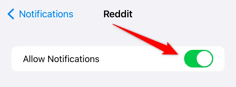 Cài đặt thông báo của ứng dụng Reddit trên iPhone, hiển thị nút gạt &quot;Allow Notifications&quot; (Cho phép thông báo) để tắt.