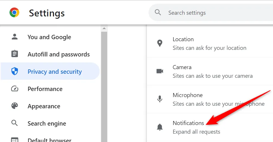 Cài đặt trang web trong Chrome, với &quot;Notifications&quot; (Thông báo) được chọn trong phần &quot;Permissions&quot; (Quyền).