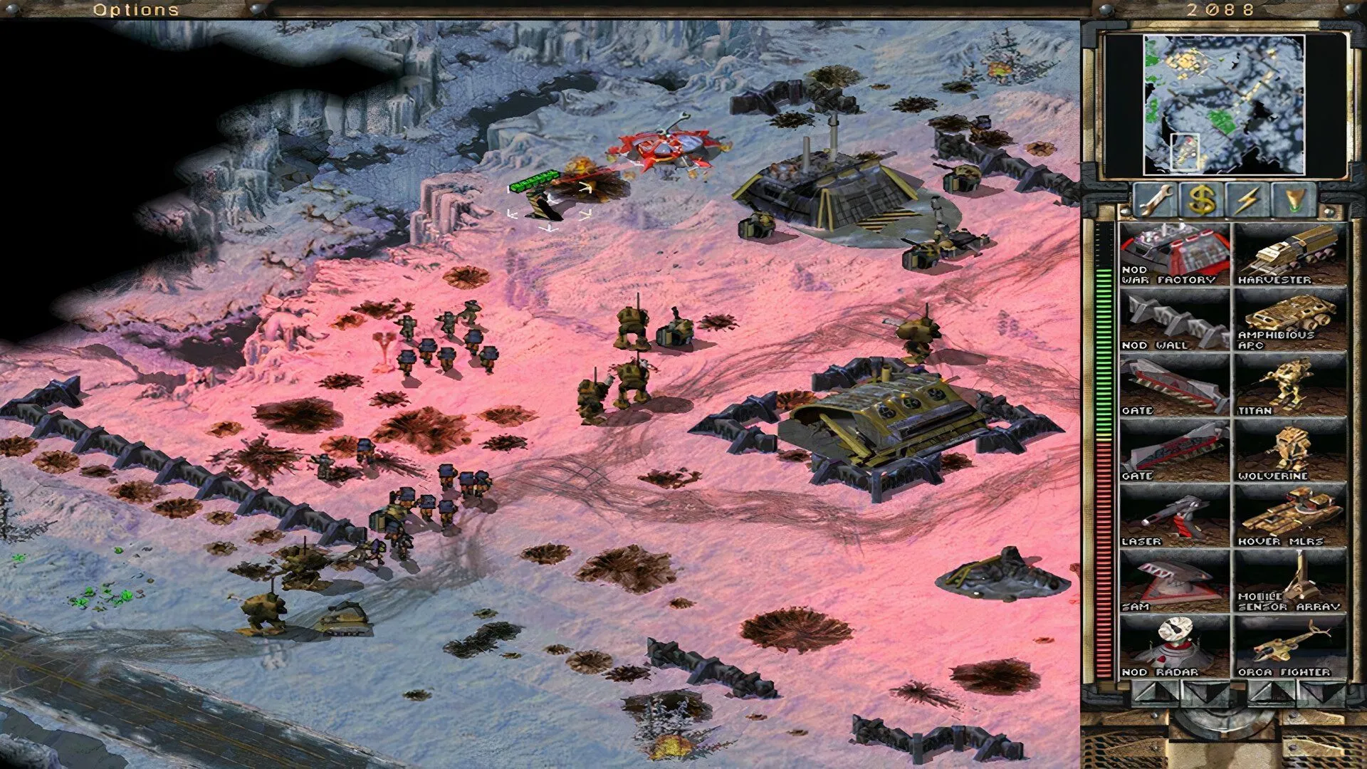 Cảnh chiến đấu trong Command &amp; Conquer: Tiberian Sun, với các đơn vị quân đội GDI và Brotherhood of Nod trên chiến trường.