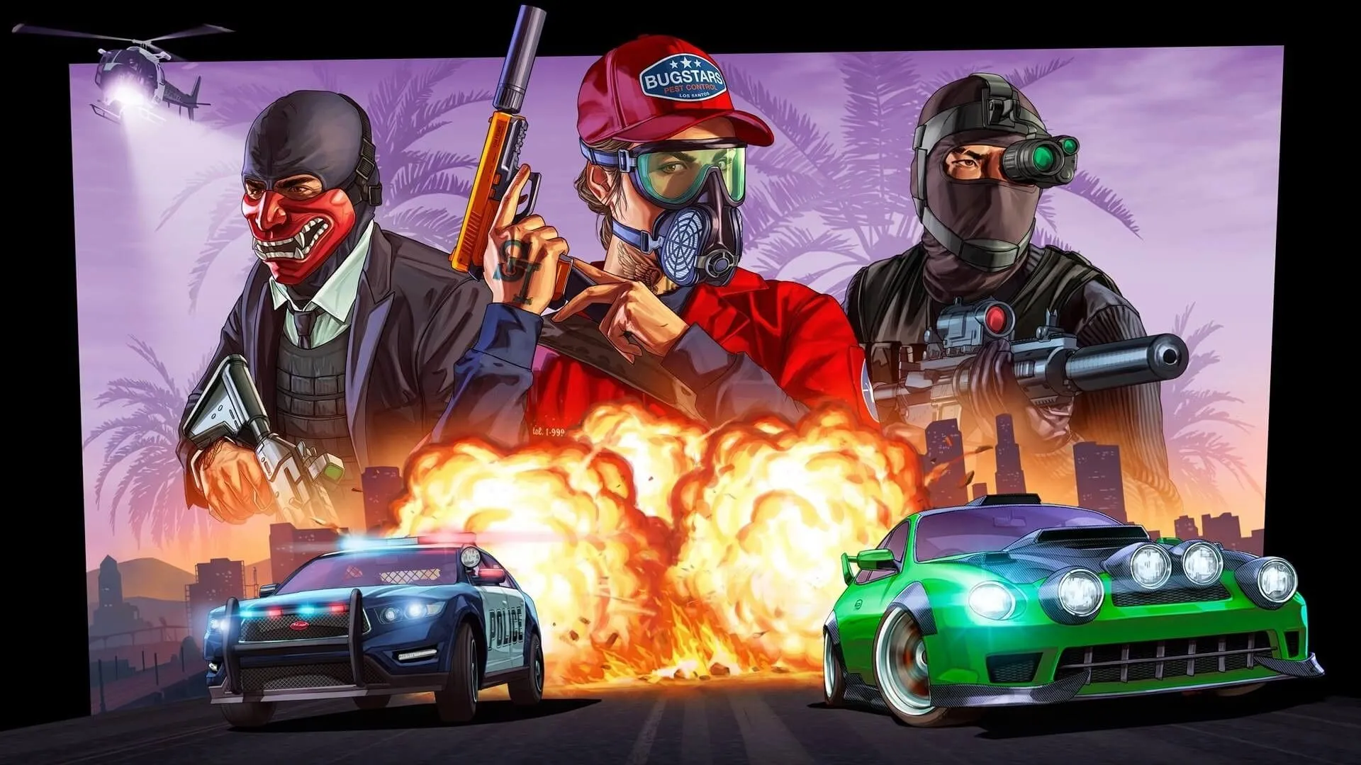 Cảnh chơi game GTA Online với xe cộ và vụ nổ, minh họa các tựa game nhiều người chơi phổ biến.