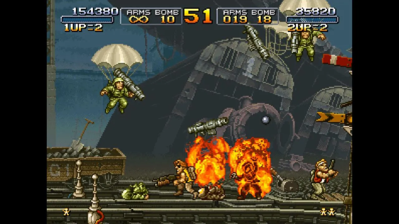 Cảnh gameplay chi tiết từ Metal Slug, minh họa đồ họa pixel art đỉnh cao, cháy nổ mãn nhãn và hành động liên tục trong một tựa game run-and-gun.
