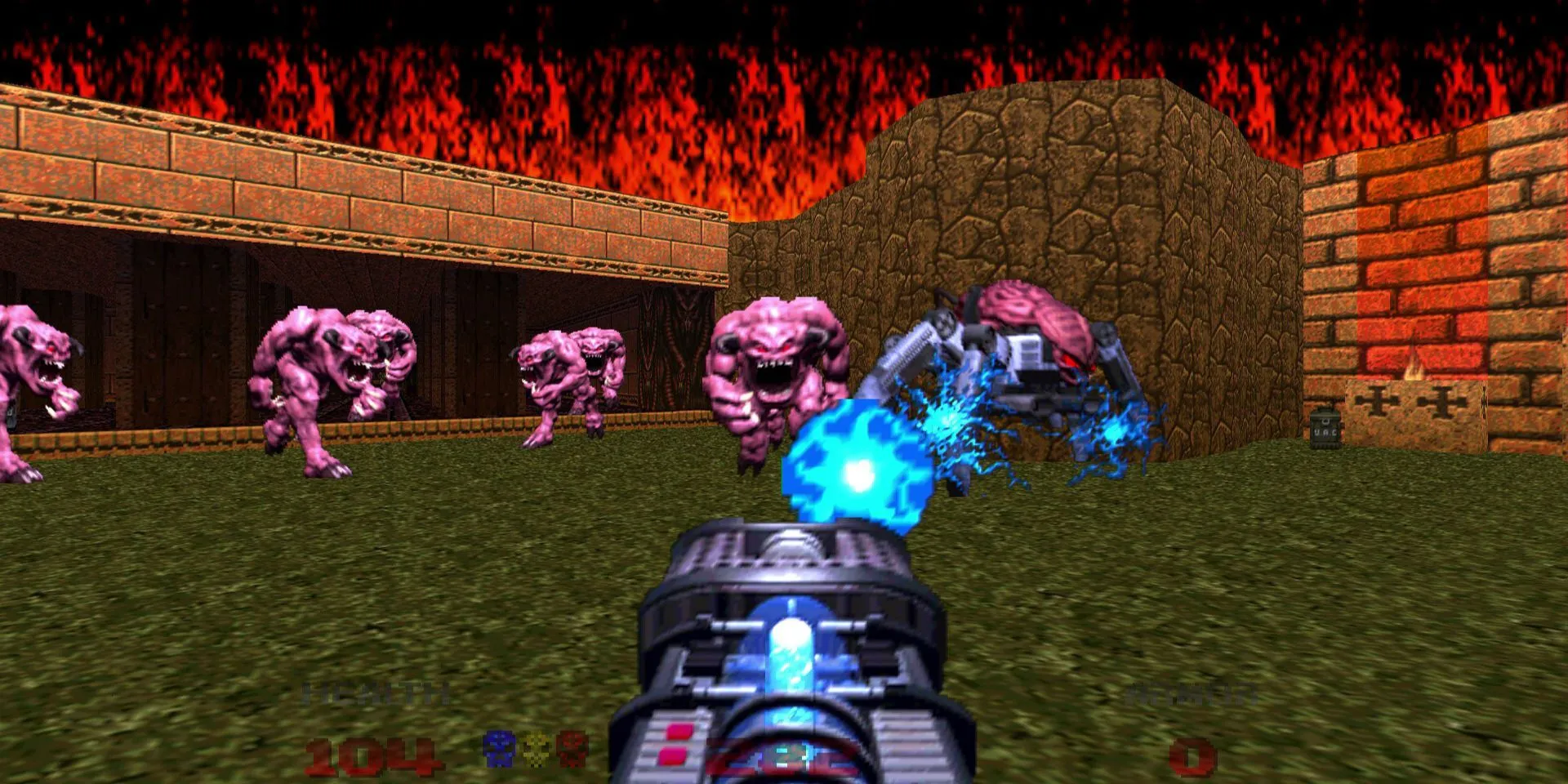 Cảnh gameplay hành động góc nhìn thứ nhất trong Doom 64, thể hiện đồ họa cổ điển