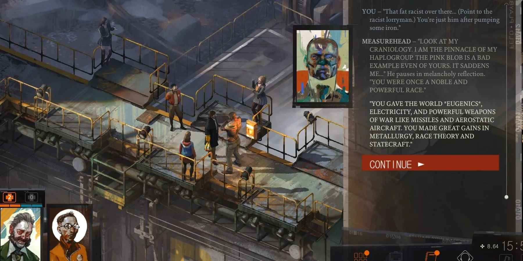 Cảnh gameplay trong Disco Elysium với góc nhìn isometric và phong cách nghệ thuật độc đáo