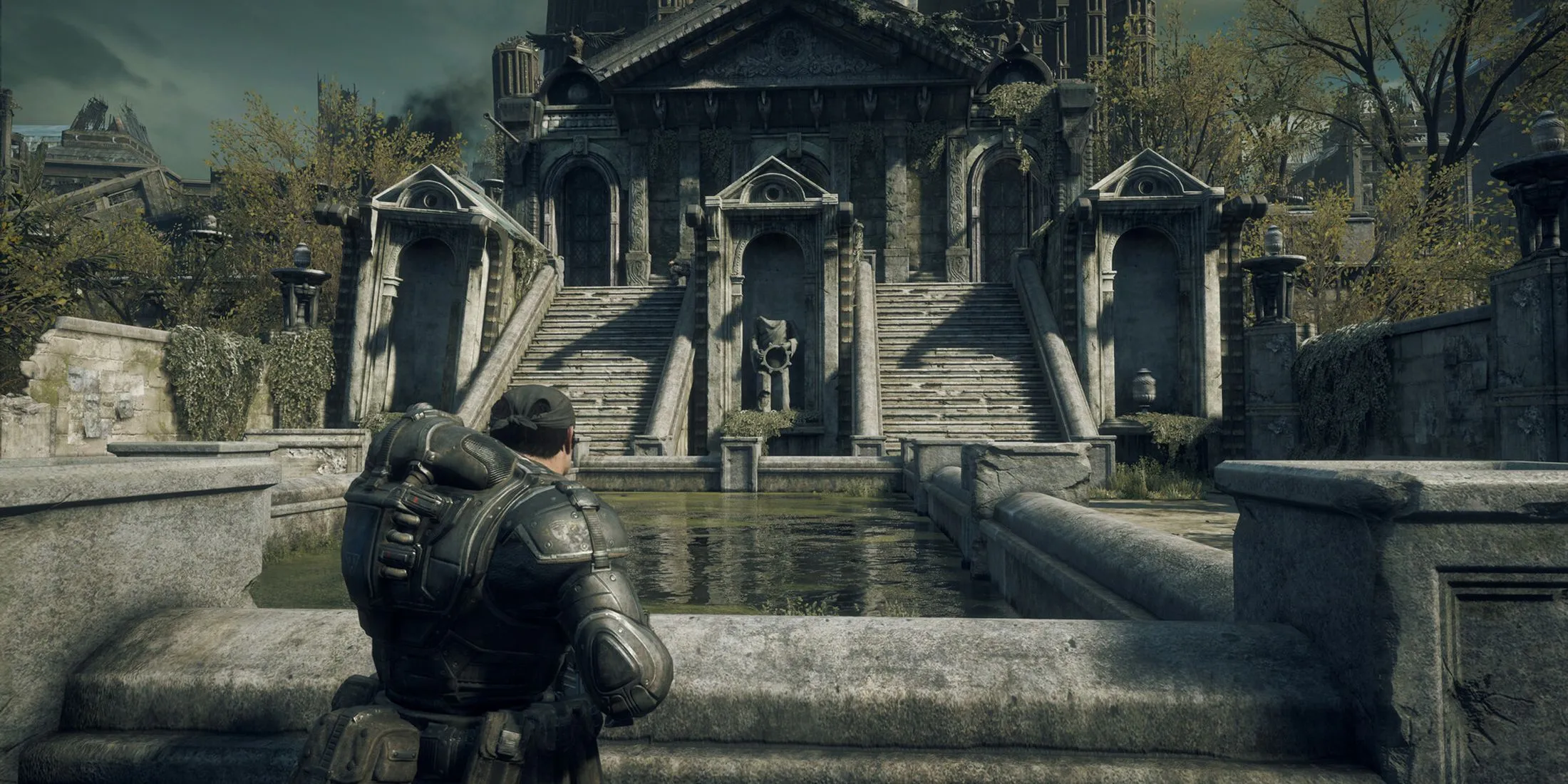 Cảnh môi trường hậu tận thế chi tiết trong Gears of War Reloaded, thể hiện nâng cấp đồ họa ấn tượng