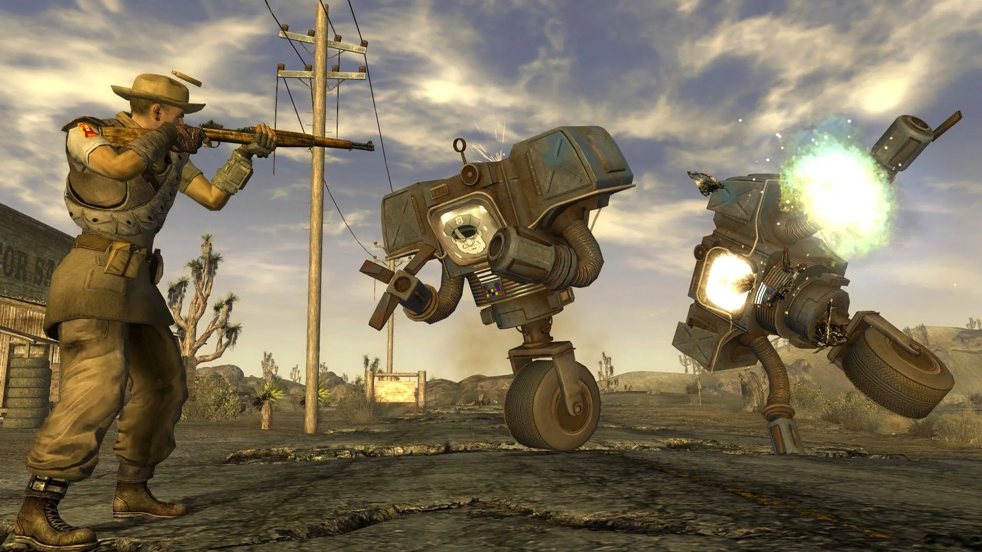 Cảnh người chơi đối đầu với các robot Securitron tại New Vegas trong tựa game Fallout: New Vegas, gợi nhắc đến DJ Mr. New Vegas với giọng nói trầm ấm đặc trưng của thế giới hậu tận thế.
