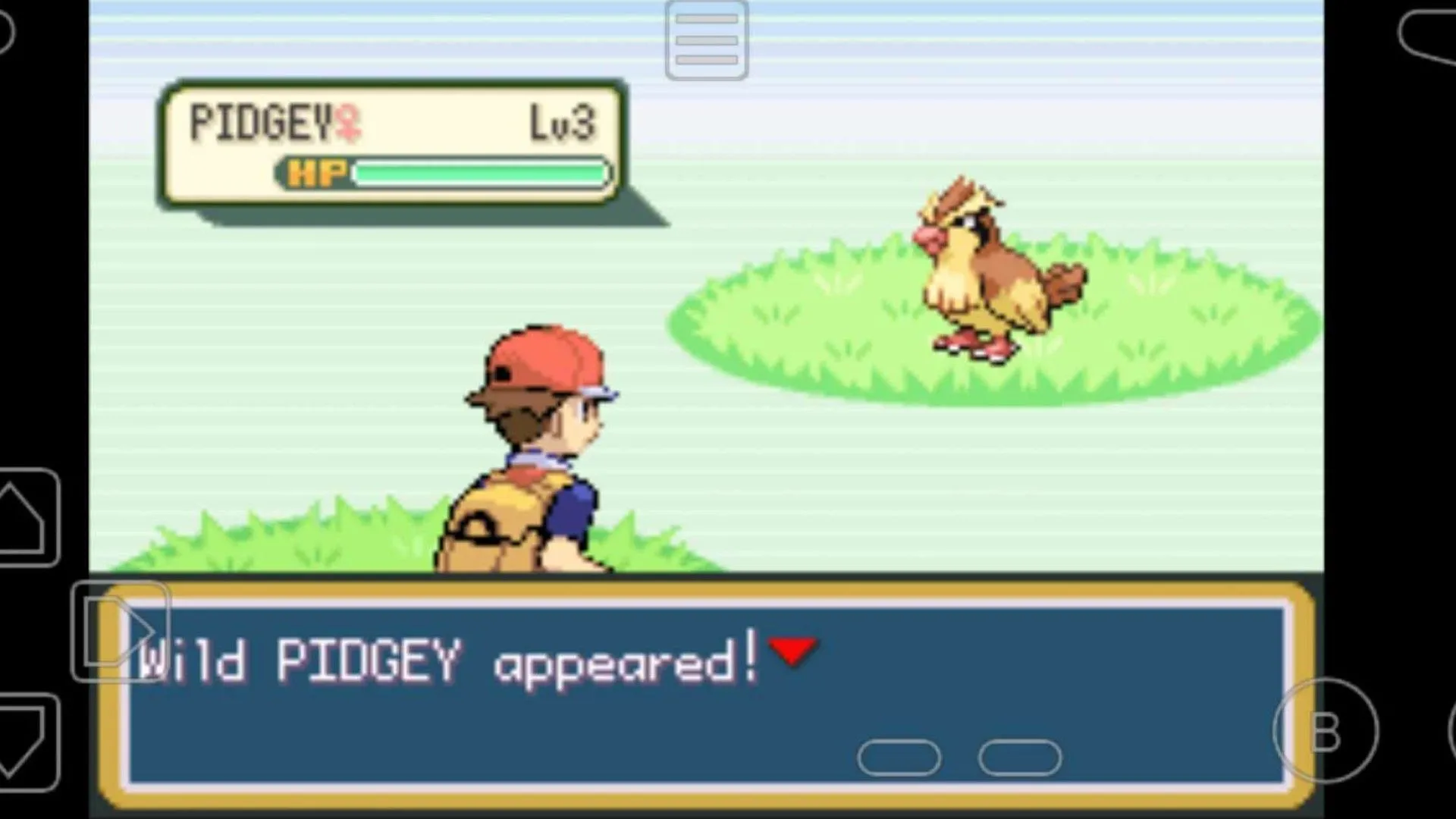 Cảnh người chơi đối đầu với Pokemon Pidgey hoang dã trong Pokemon Fire Red, thể hiện khoảnh khắc quan trọng của việc bắt Pokemon đầu tiên theo quy tắc thử thách Nuzlocke.