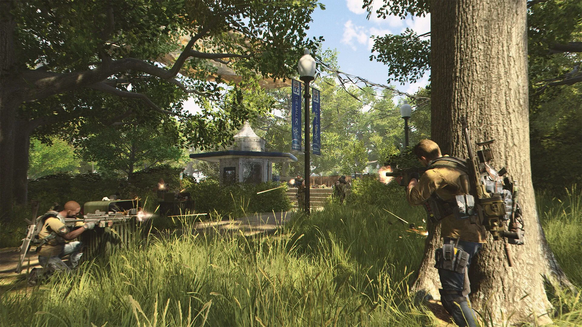 Cảnh quan thủ đô Washington D.C. bị tàn phá trong The Division 2, thể hiện chi tiết kiến trúc đô thị được tái hiện chân thực trong bối cảnh hậu tận thế.