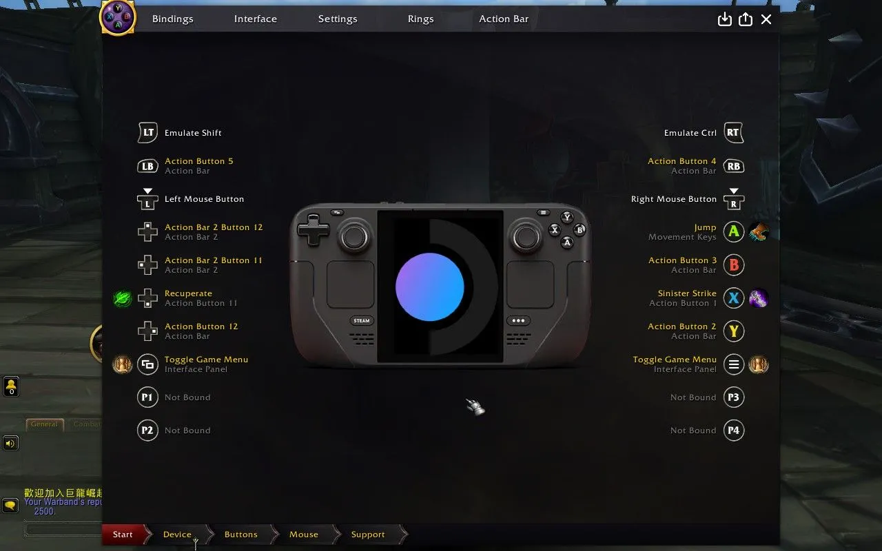 Cấu hình ConsolePort hiển thị trong World of Warcraft, cho phép tùy chỉnh trải nghiệm chơi game với tay cầm trên Steam Deck