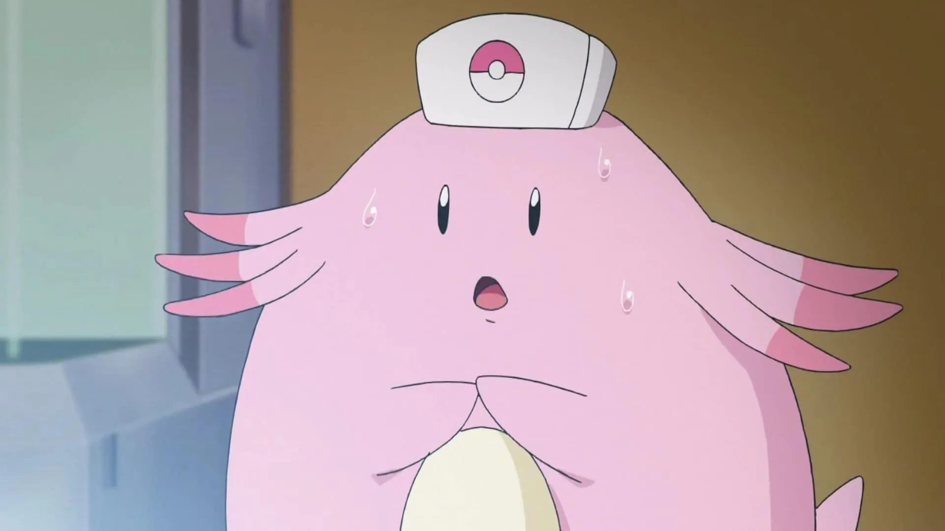 Chansey với chiếc túi chứa trứng dinh dưỡng, biểu tượng của sự chăm sóc và lòng nhân ái trong thế giới Pokémon.