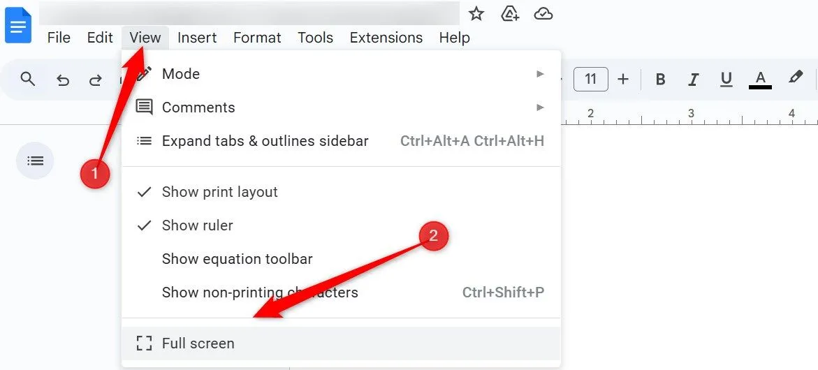Chế độ toàn màn hình trên Google Docs giúp loại bỏ các yếu tố gây xao nhãng, tập trung tối đa vào việc viết.
