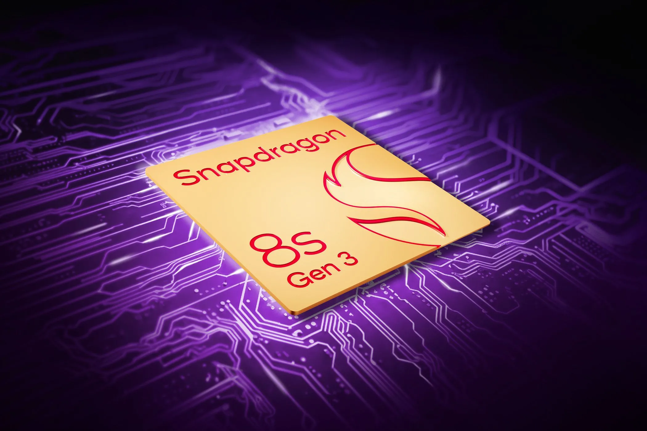Chip Snapdragon 8 Gen 3 màu đen trên nền bảng mạch màu tím, tượng trưng cho hiệu năng mạnh mẽ của smartphone.