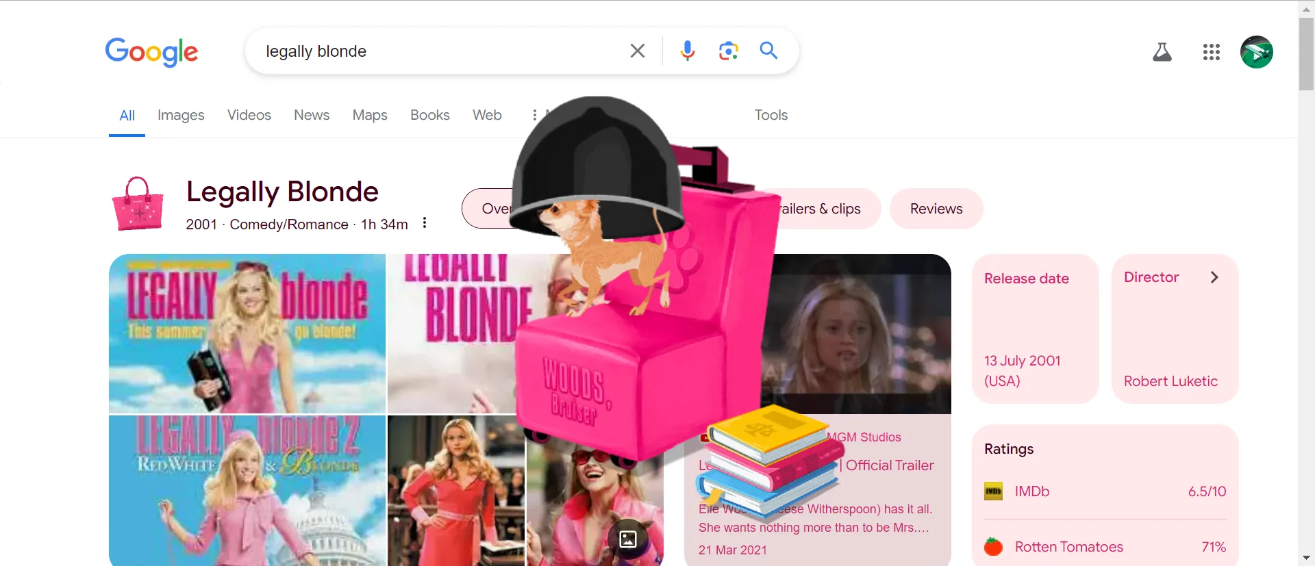 Chó Bruiser Woods dưới máy sấy tóc trong Easter Egg phim Legally Blonde trên Google Search, màn hình chuyển sang màu hồng