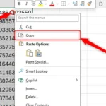 Chọn các ô chứa số ngẫu nhiên trong Excel để sao chép, hiển thị menu chuột phải với tùy chọn 'Copy' được tô sáng, minh họa bước cố định giá trị.