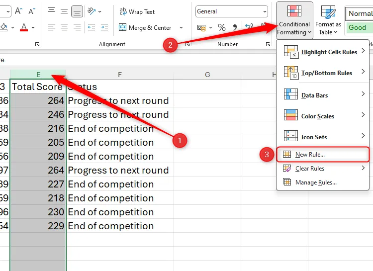 Chọn cột tổng điểm E trong Excel và mở &quot;New Rule&quot; trong Conditional Formatting để tạo quy tắc tô màu.