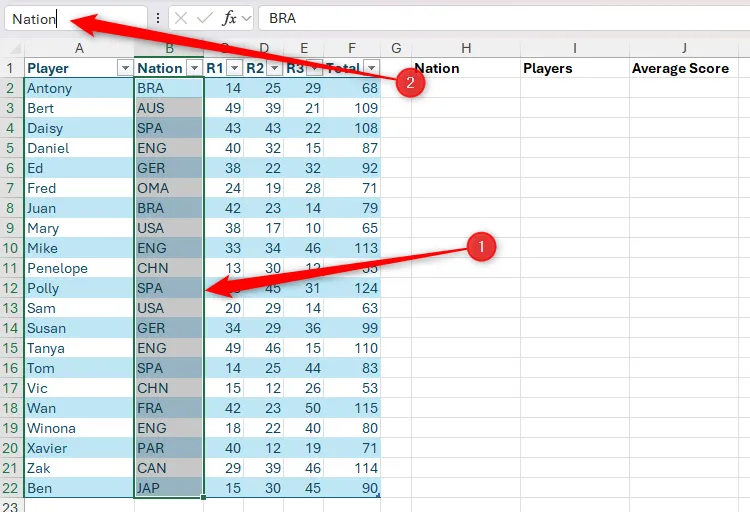 Chọn dữ liệu trong cột Nation của bảng Excel và đặt tên vùng là Nation trong hộp tên.