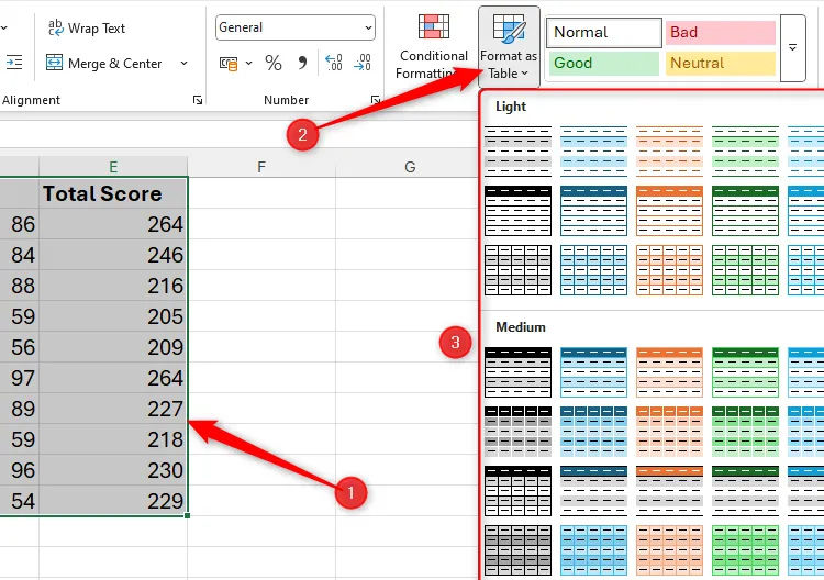 Chọn dữ liệu trong Excel và mở tùy chọn &quot;Format As Table&quot; trên tab Home để định dạng bảng chuyên nghiệp.