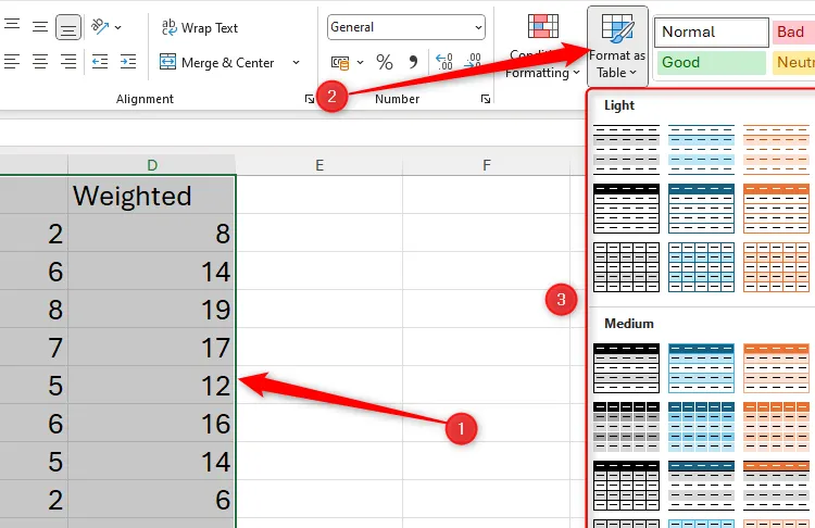 Chọn dữ liệu trong Microsoft Excel và mở menu &quot;Format As Table&quot; để áp dụng định dạng bảng tự động.