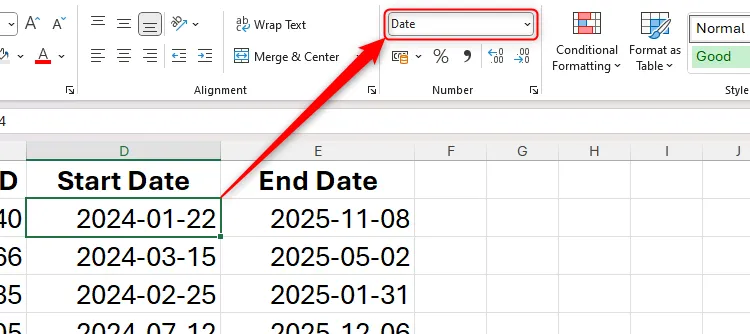 Chọn ô chứa ngày tháng trong Excel, hiển thị định dạng ngày tháng trong nhóm Number trên tab Home.