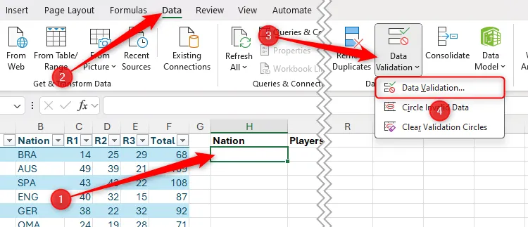 Chọn ô đích và truy cập công cụ Data Validation trong tab Data của Excel để bắt đầu tạo danh sách.
