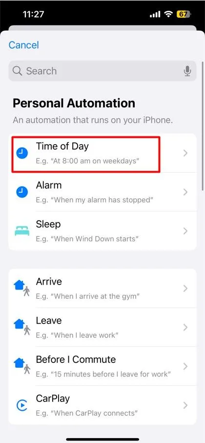 Chọn tùy chọn Time of Day trong Phím tắt để lên lịch gửi tin nhắn tự động theo thời gian cụ thể.