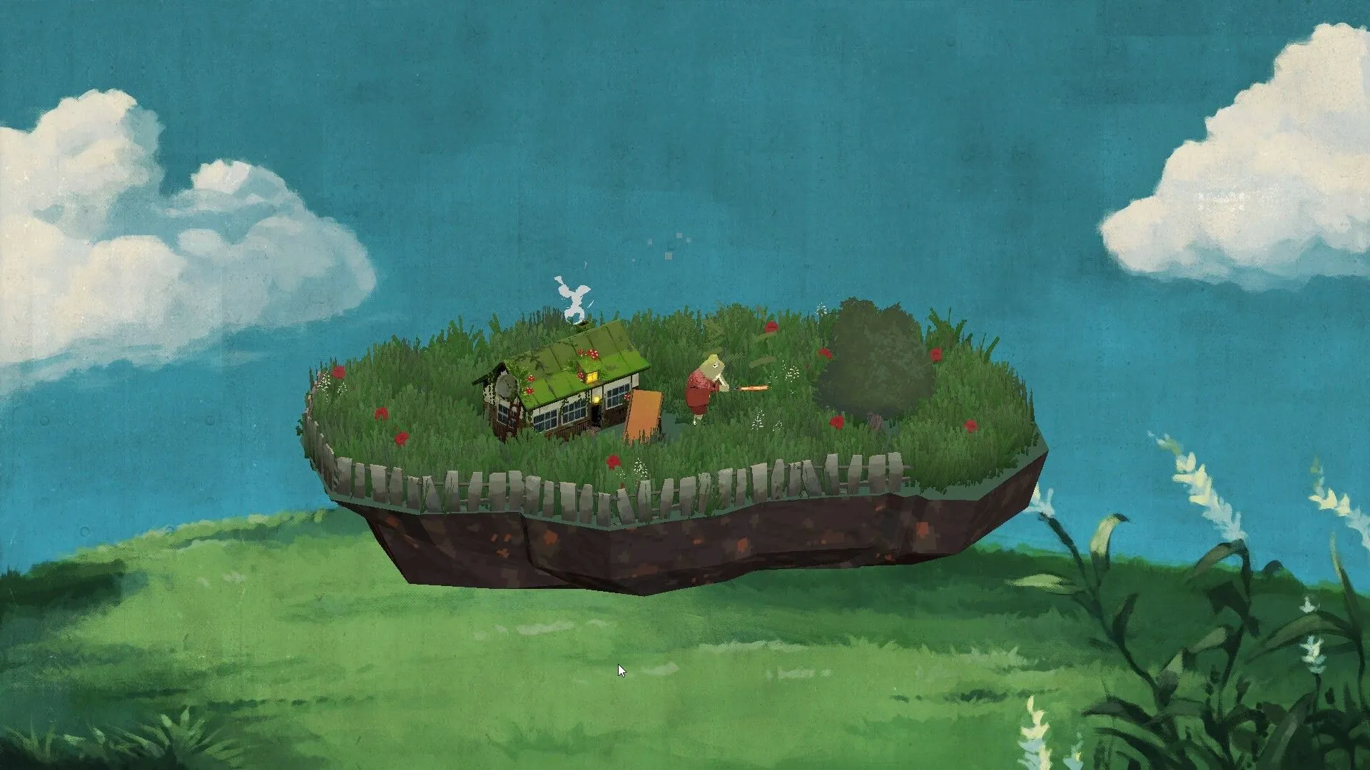 Chú ếch Ropuka đang chăm chỉ cắt cỏ trên hòn đảo của mình trong Ropuka's Idle Island, một trò chơi đồng hành giúp tăng năng suất.