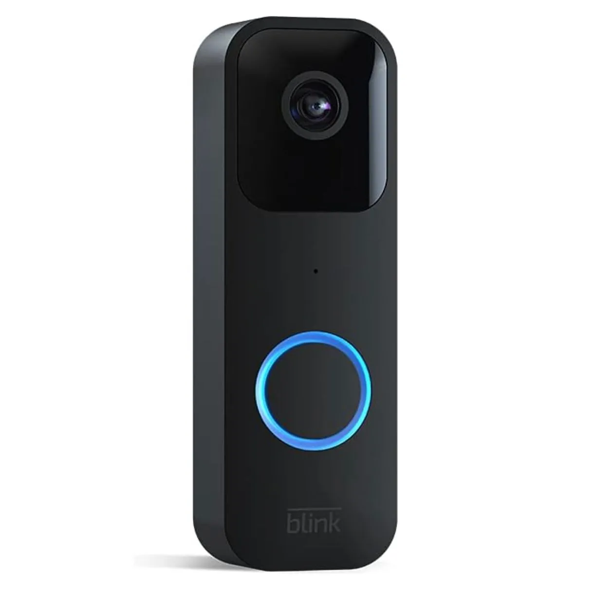 Chuông cửa video Blink màu đen gắn trên tường gạch, hiển thị ống kính camera và nút nhấn chuông, tăng cường an ninh cho ngôi nhà.