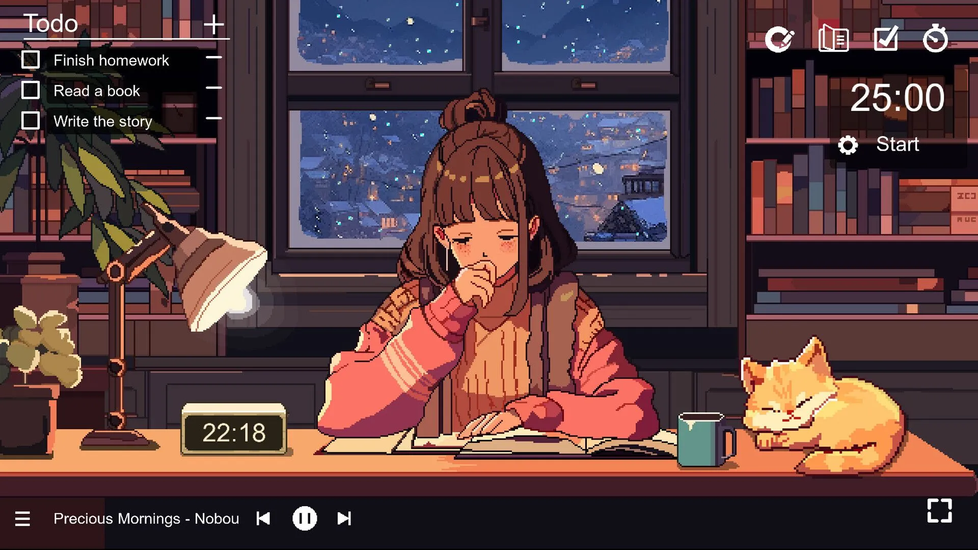 Cô gái từ Chill Pulse đang xem xét ghi chú tại bàn làm việc được thiết kế theo phong cách pixel art, minh họa môi trường làm việc thư giãn.