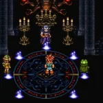Crono, Frog và Lucca đối mặt với Magus trong lâu đài huyền bí, thể hiện đồ họa 2D kinh điển của Chrono Trigger trên Steam.
