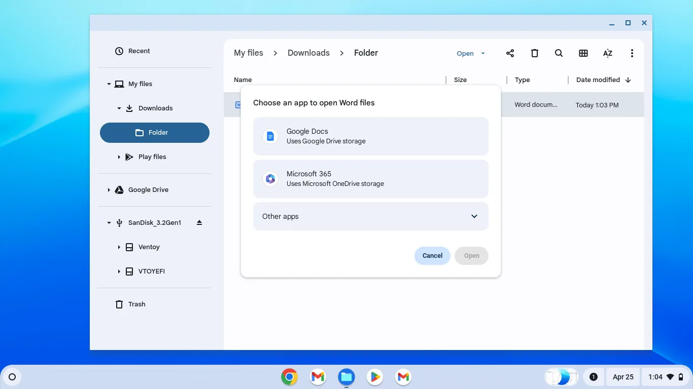 Cửa sổ bật lên trên Chromebook yêu cầu chọn ứng dụng mở tệp Word, minh họa xu hướng lưu trữ đám mây.