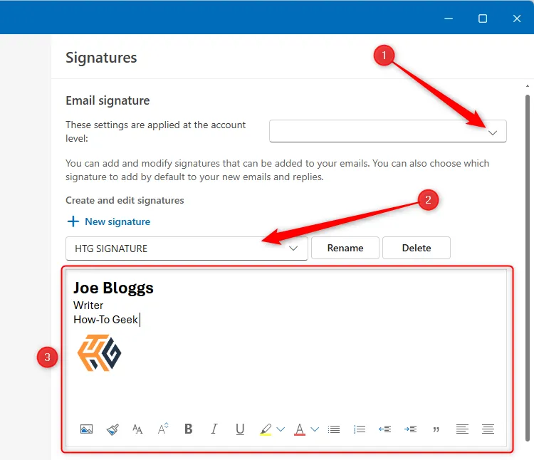 Cửa sổ Chữ ký email trong Outlook mới, hiển thị tài khoản đã chọn, tên chữ ký và trường soạn thảo chữ ký mẫu.