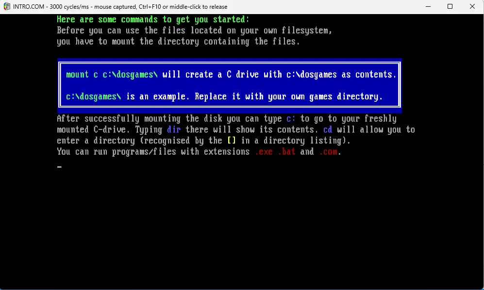 Cửa sổ dòng lệnh DOSBox Staging hiển thị lệnh mount c c:dosgames, hướng dẫn tạo ổ đĩa ảo cho game DOS.