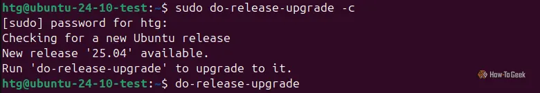 Cửa sổ Terminal của Ubuntu hiển thị kết quả kiểm tra nâng cấp phiên bản thành công, sẵn sàng để nâng cấp.