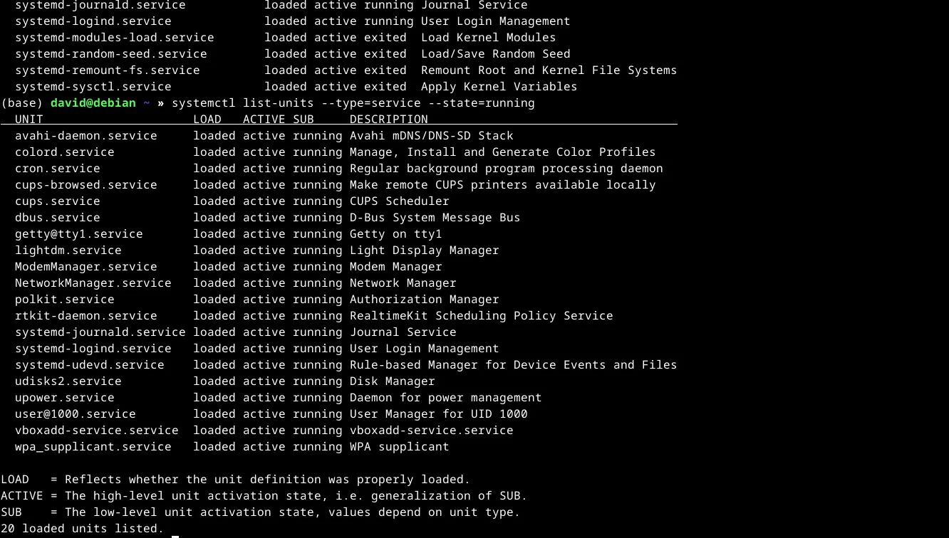 Danh sách các dịch vụ đang chạy (active) trên hệ thống Linux được hiển thị thông qua lệnh `systemctl list-units --type=service state=active`.