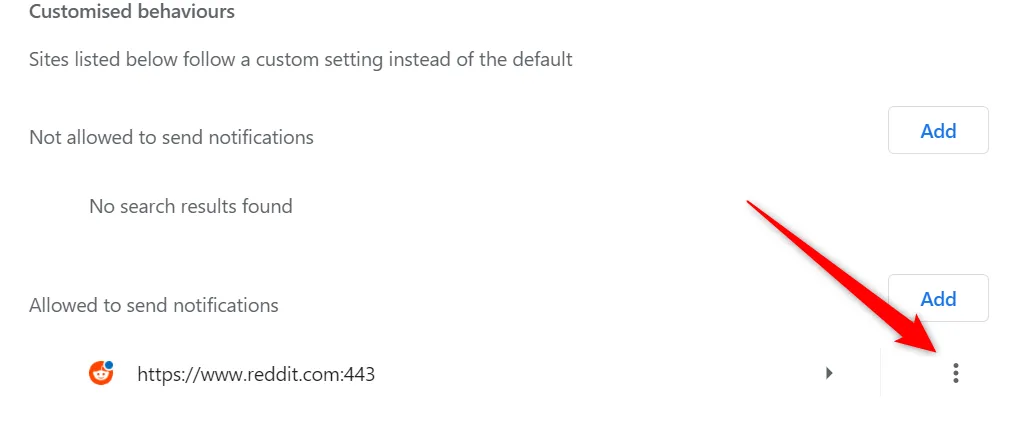 Danh sách các trang web được phép gửi thông báo trong Chrome, với Reddit.com và menu tùy chọn.