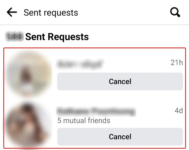 Danh sách các yêu cầu kết bạn đã gửi đi trên ứng dụng Facebook di động, hiển thị các yêu cầu đang chờ và nút &quot;Hủy&quot; tương ứng.