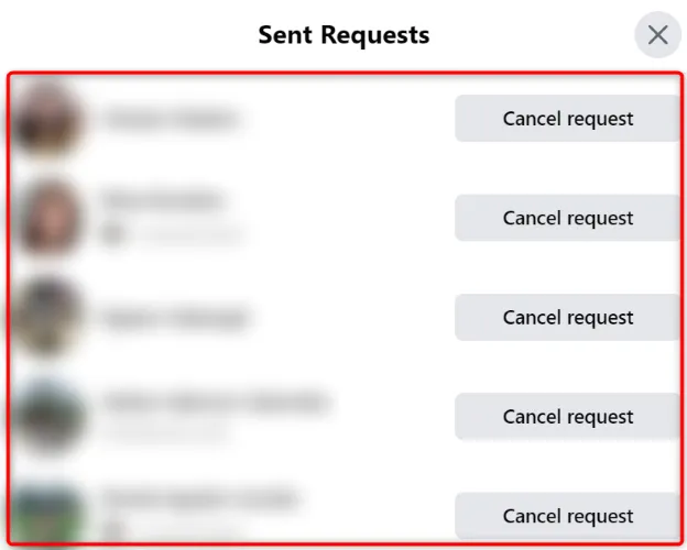 Danh sách các yêu cầu kết bạn đã gửi trên Facebook phiên bản máy tính, cho phép người dùng xem lại và hủy các yêu cầu đang chờ phản hồi.