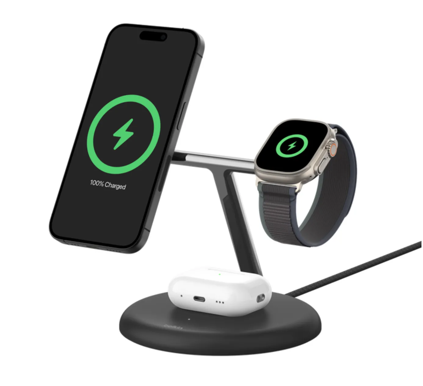Đế sạc không dây từ tính Belkin BoostCharge Pro 3-trong-1 với công nghệ Qi2 cho iPhone và phụ kiện Apple.